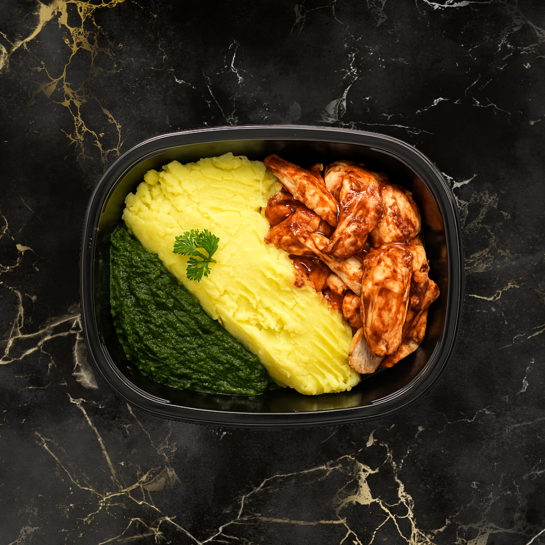 BBQ chicken, mash & spinach